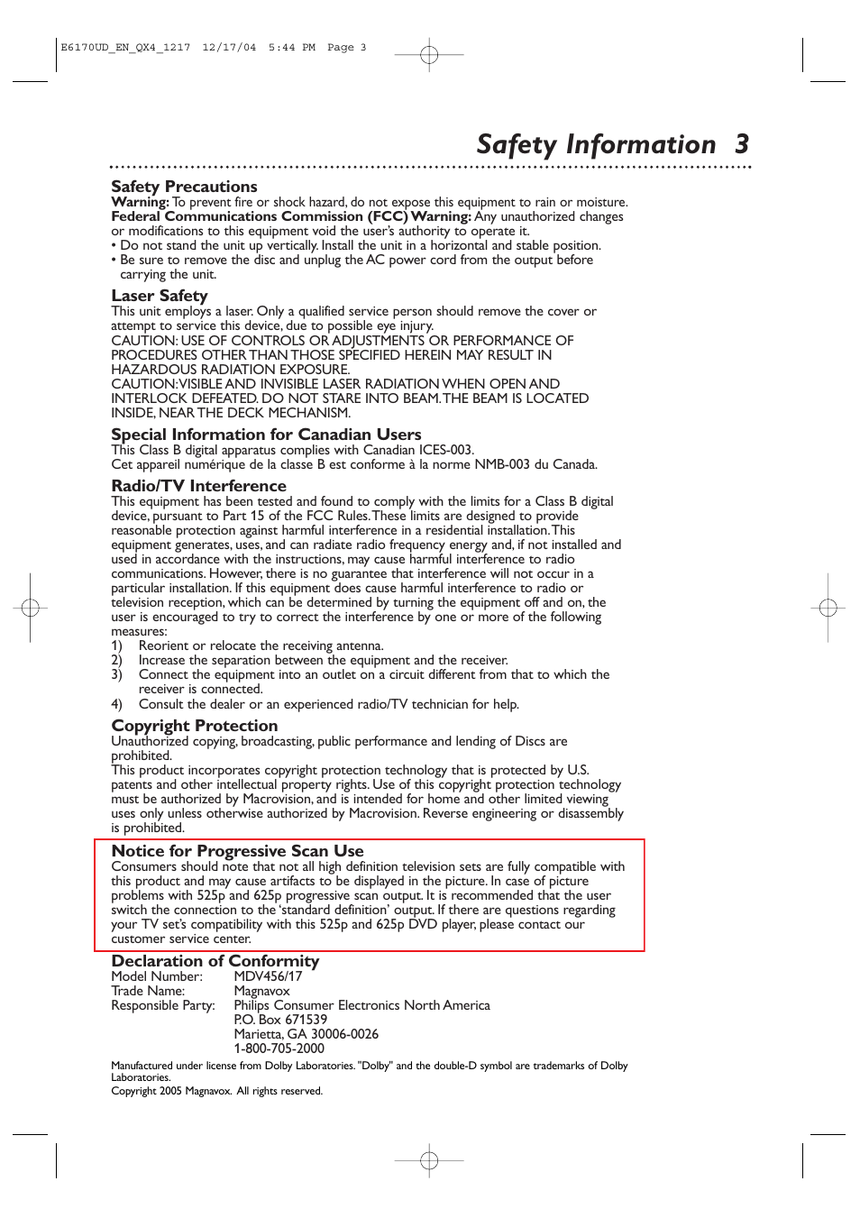 Safety information 3 | Philips Magnavox MDV456/17 User Manual | Page 3 / 56