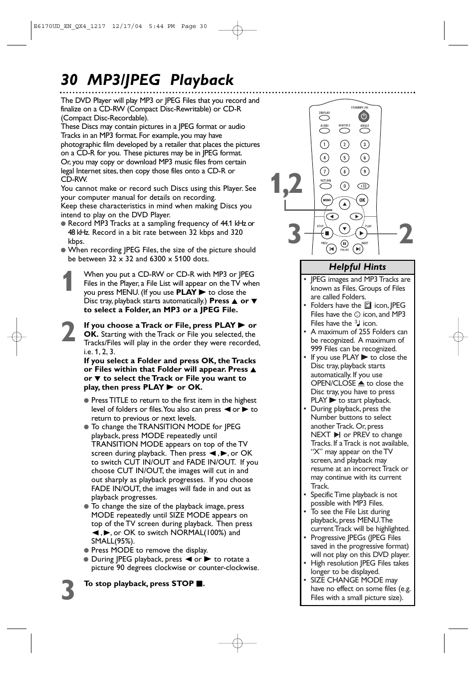 30 mp3/jpeg playback | Philips Magnavox MDV456/17 User Manual | Page 30 / 56