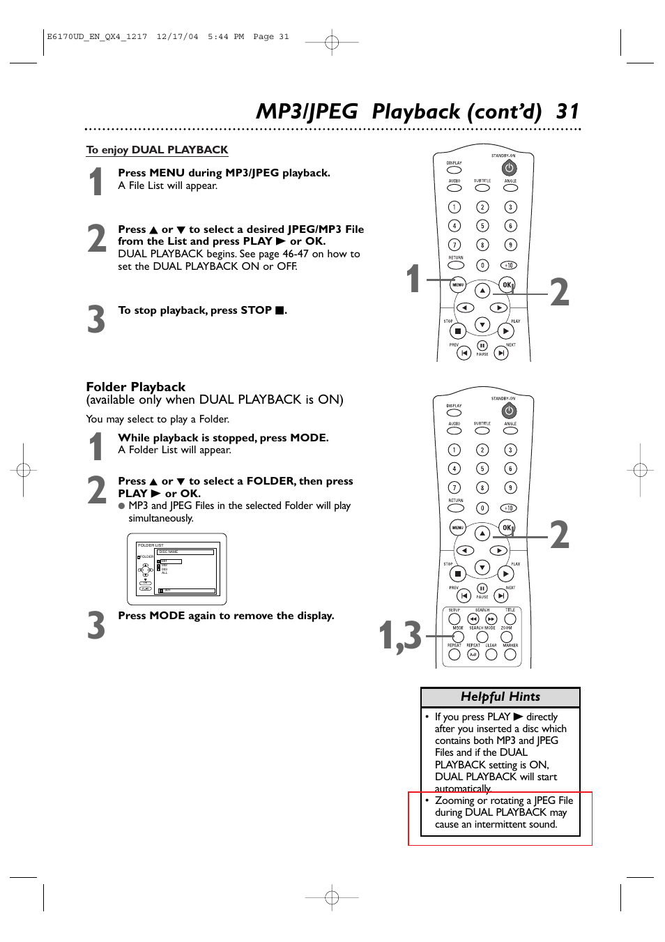 Mp3/jpeg playback (cont’d) 3 1 | Philips Magnavox MDV456/17 User Manual | Page 31 / 56