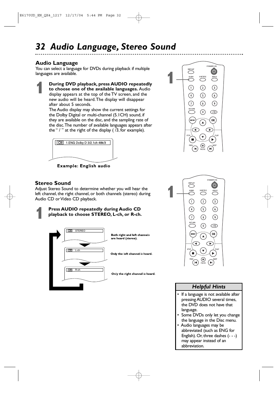 32 audio language, stereo sound | Philips Magnavox MDV456/17 User Manual | Page 32 / 56