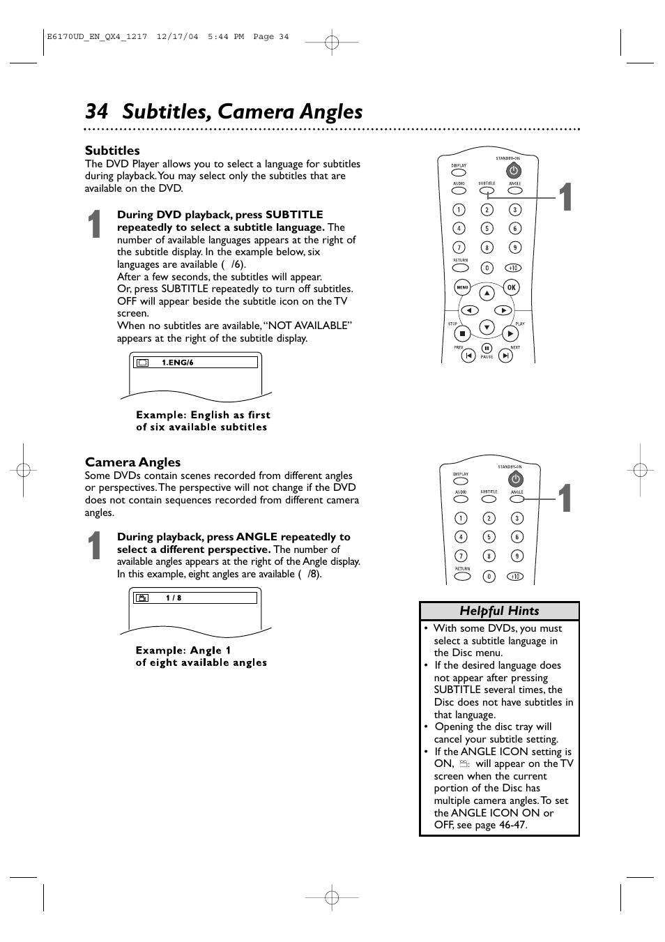 34 subtitles, camera angles | Philips Magnavox MDV456/17 User Manual | Page 34 / 56