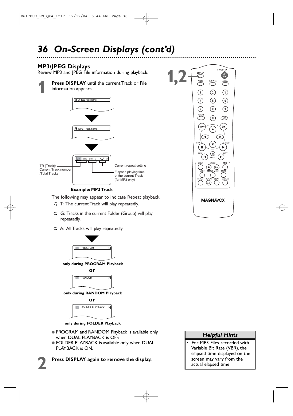 36 on-screen displays (cont’d) | Philips Magnavox MDV456/17 User Manual | Page 36 / 56