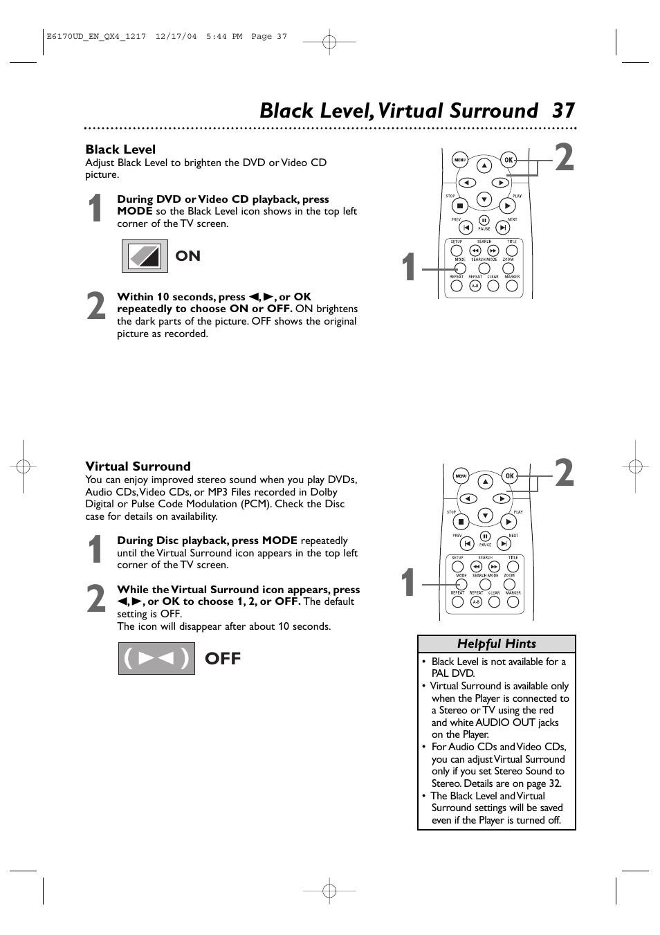 Black level, virtual surround 37 | Philips Magnavox MDV456/17 User Manual | Page 37 / 56