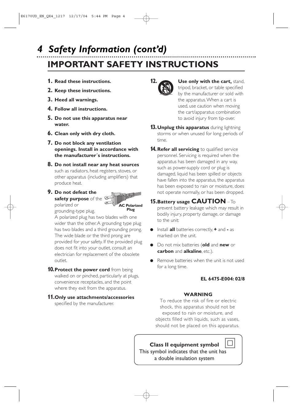 4 safety information (cont’d), Important safety instructions, Caution | Philips Magnavox MDV456/17 User Manual | Page 4 / 56