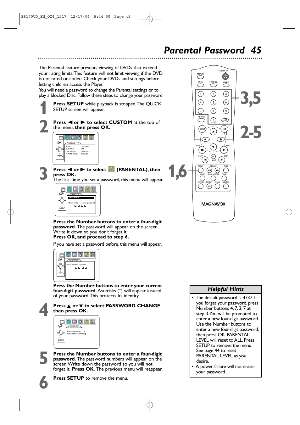 Parental password 45 | Philips Magnavox MDV456/17 User Manual | Page 45 / 56