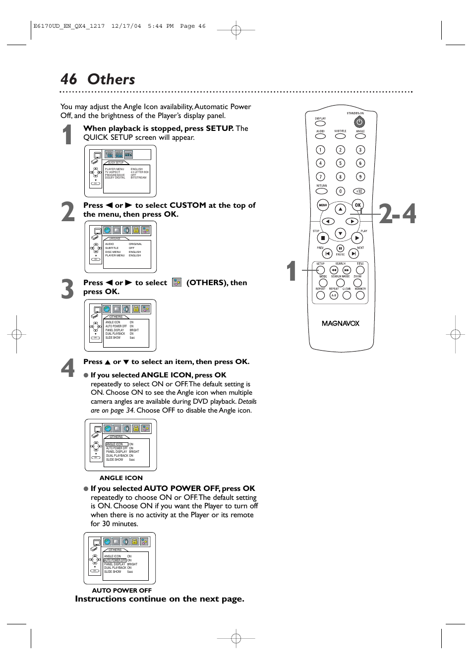 46 others, Instructions continue on the next page | Philips Magnavox MDV456/17 User Manual | Page 46 / 56