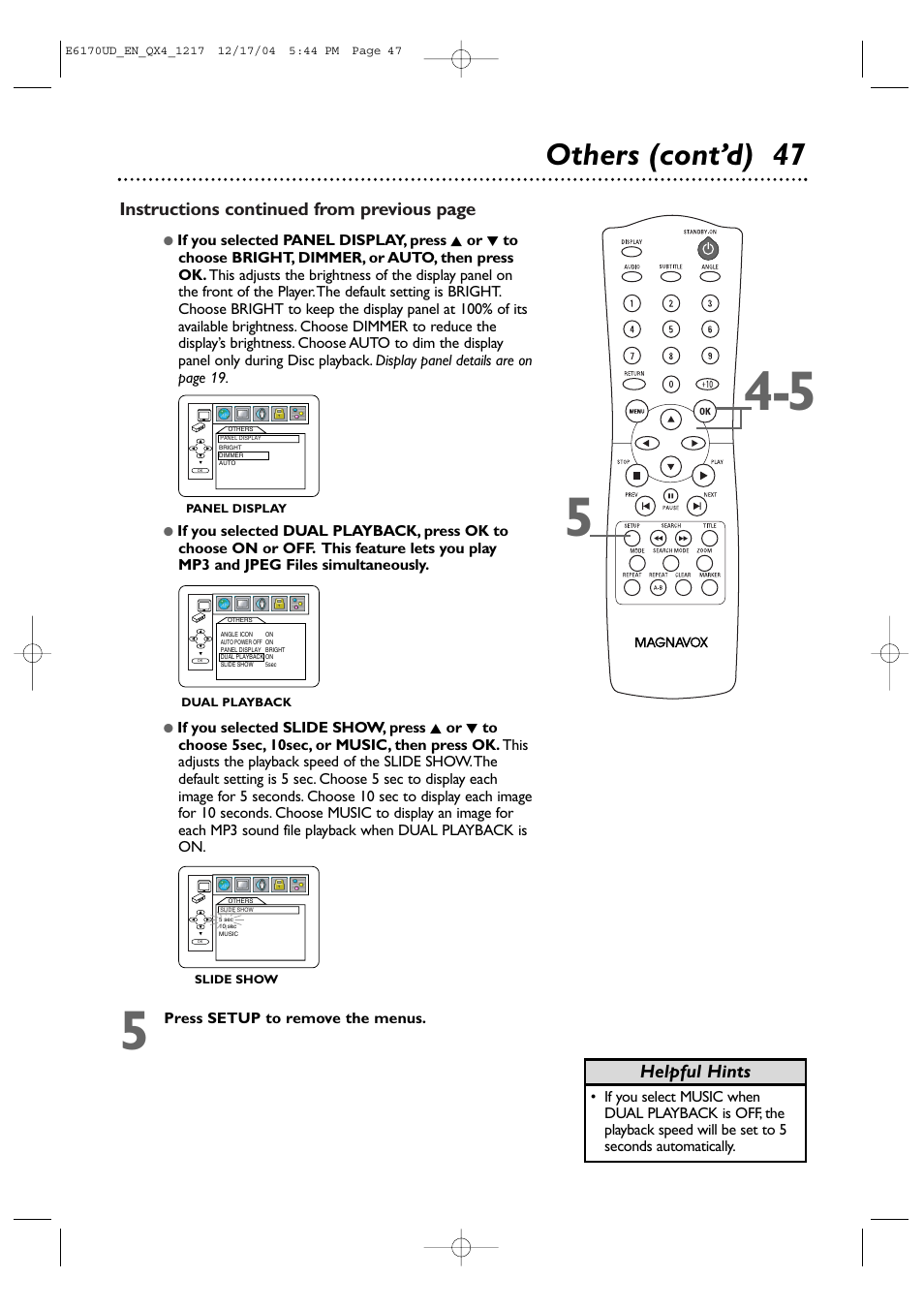 Others (cont’d) 47, Instructions continued from previous page, Helpful hints | Philips Magnavox MDV456/17 User Manual | Page 47 / 56