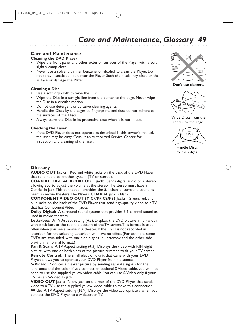 Care and maintenance, glossary 49 | Philips Magnavox MDV456/17 User Manual | Page 49 / 56