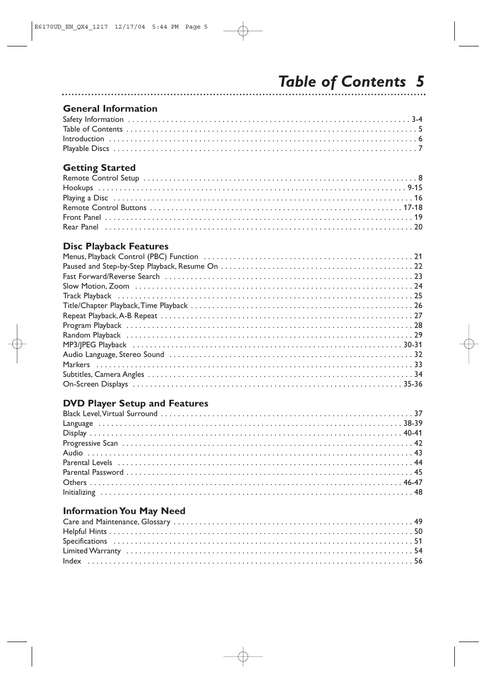 Table of contents 5 | Philips Magnavox MDV456/17 User Manual | Page 5 / 56