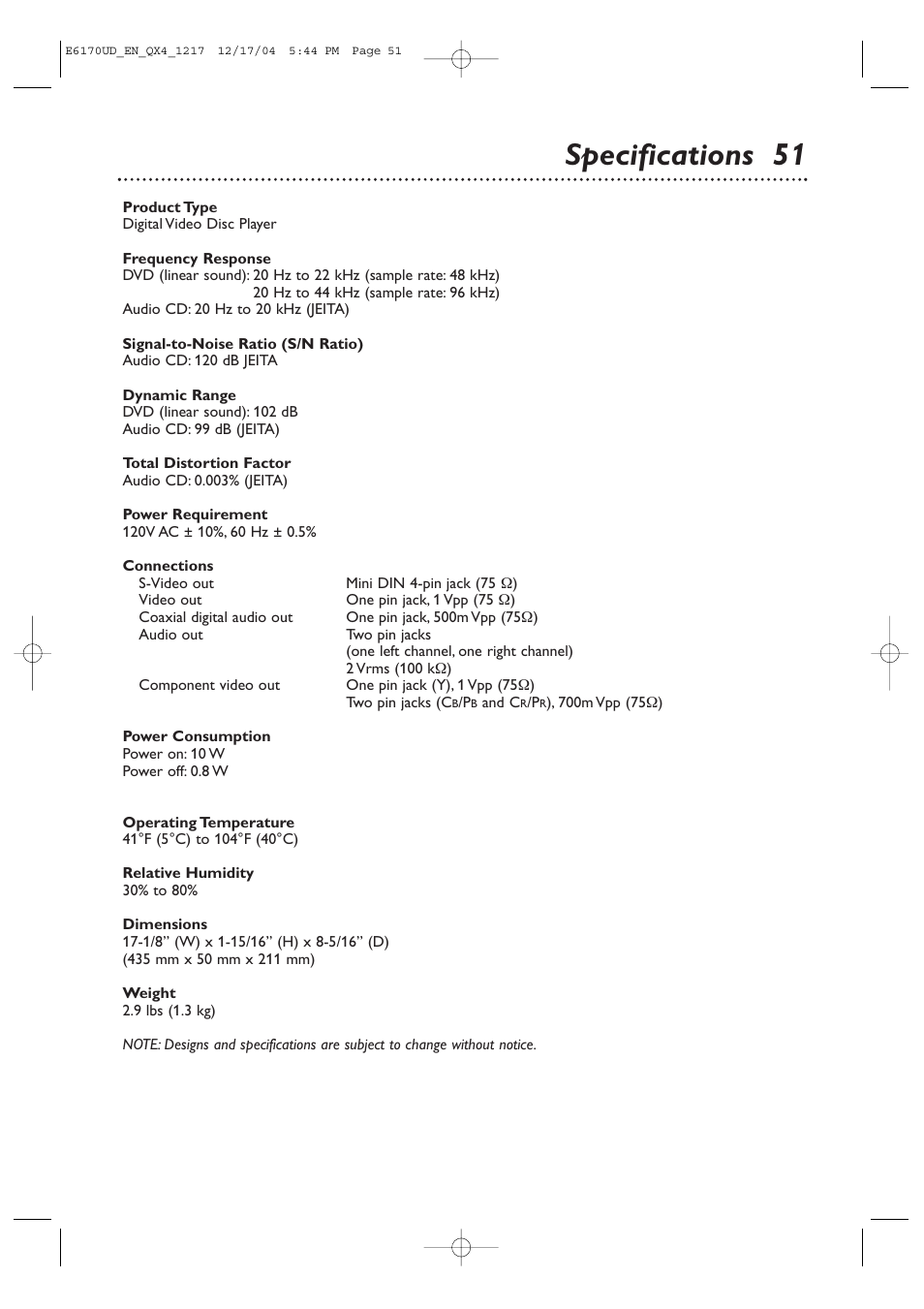 Specifications 5 1 | Philips Magnavox MDV456/17 User Manual | Page 51 / 56