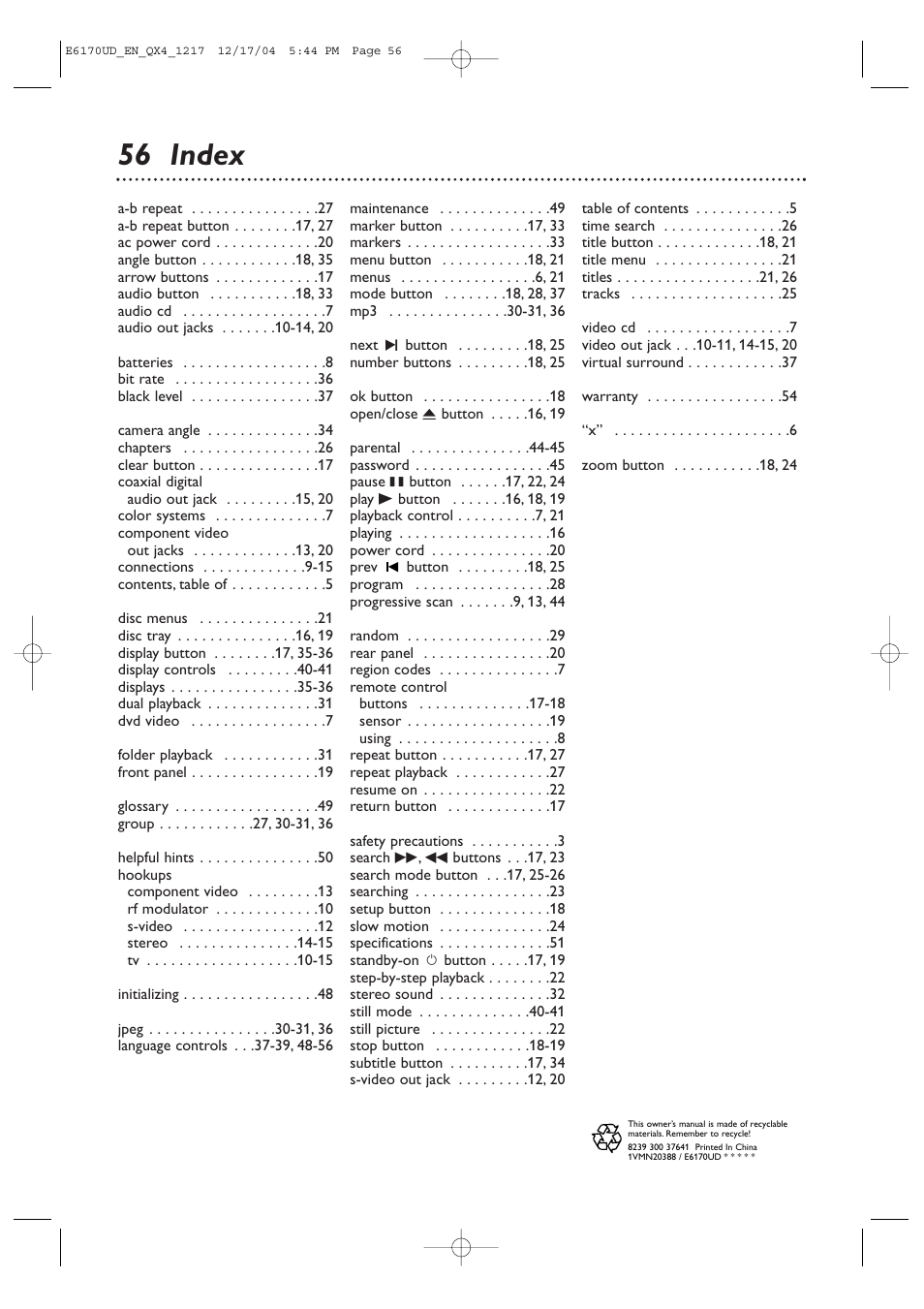 56 index | Philips Magnavox MDV456/17 User Manual | Page 56 / 56