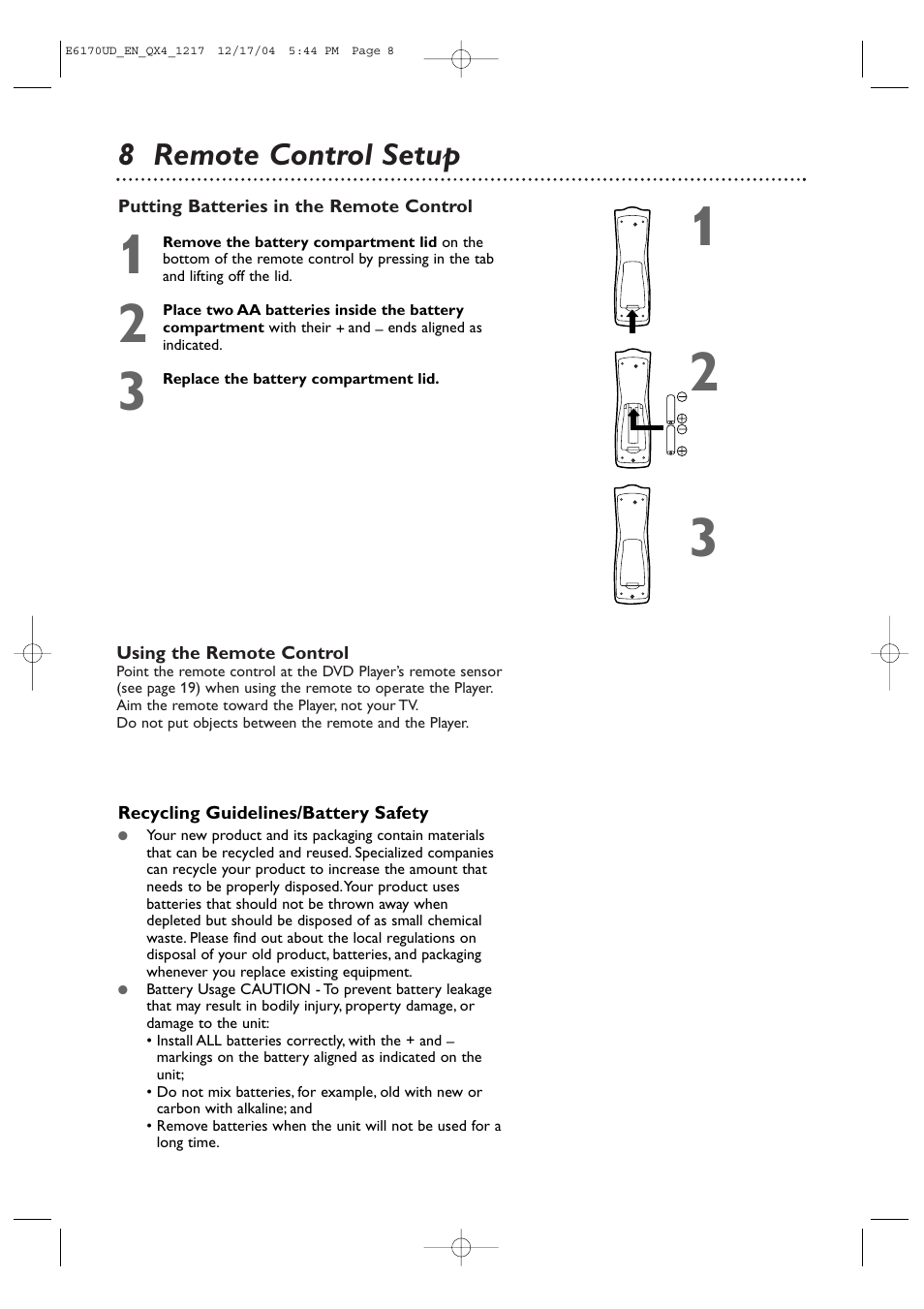 8 remote control setup | Philips Magnavox MDV456/17 User Manual | Page 8 / 56