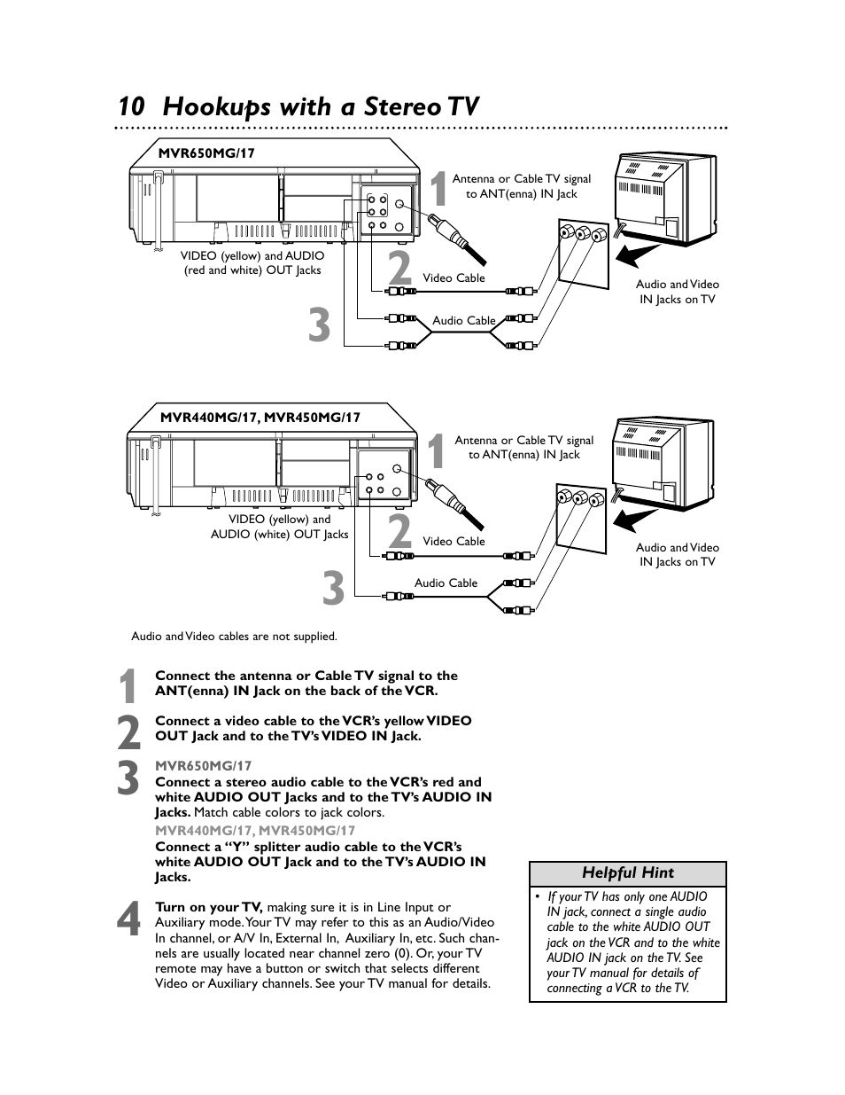 10 hookups with a stereo tv | Philips Magnavox MVR650MG/17 User Manual | Page 10 / 48