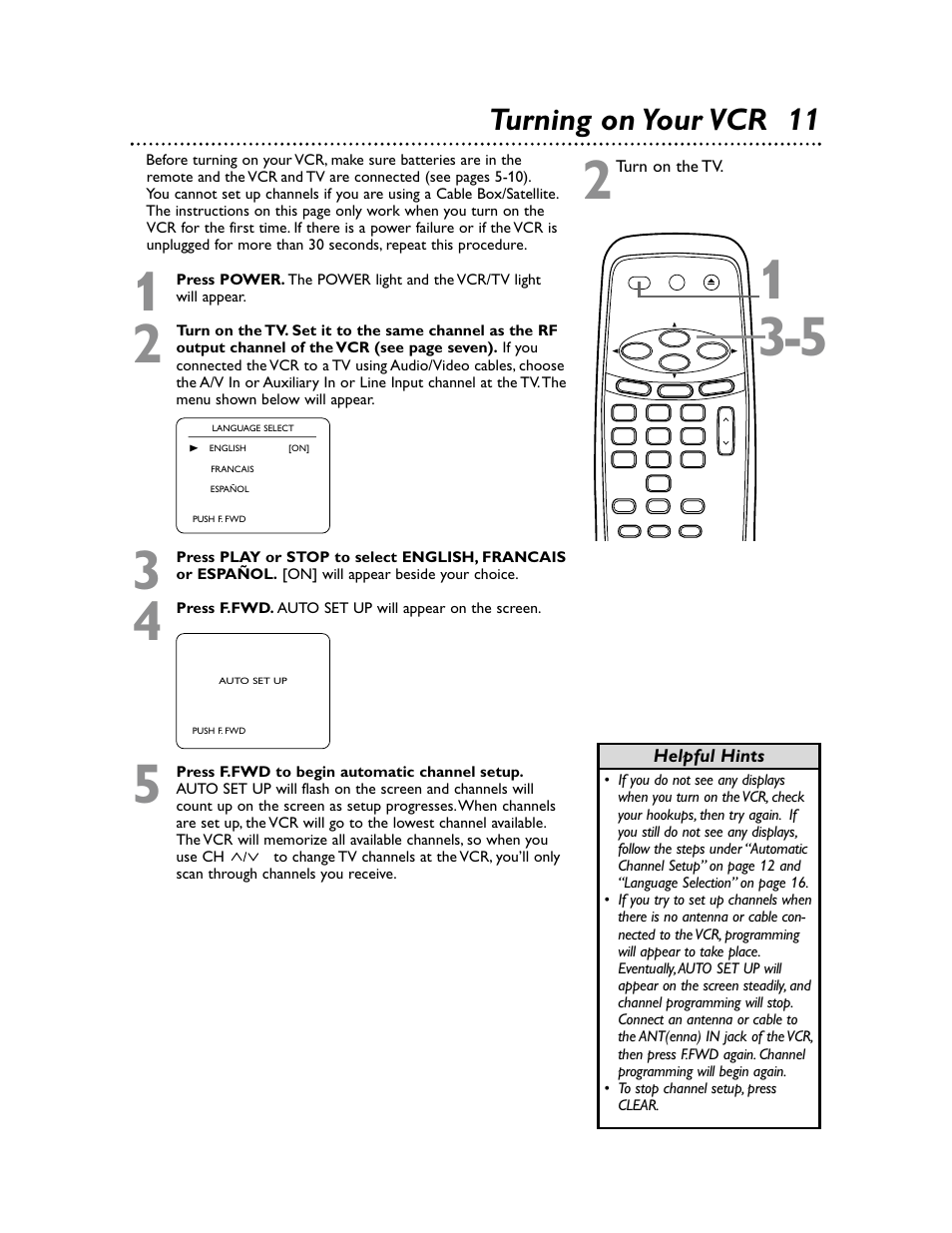 Turning on your vcr 11 | Philips Magnavox MVR650MG/17 User Manual | Page 11 / 48