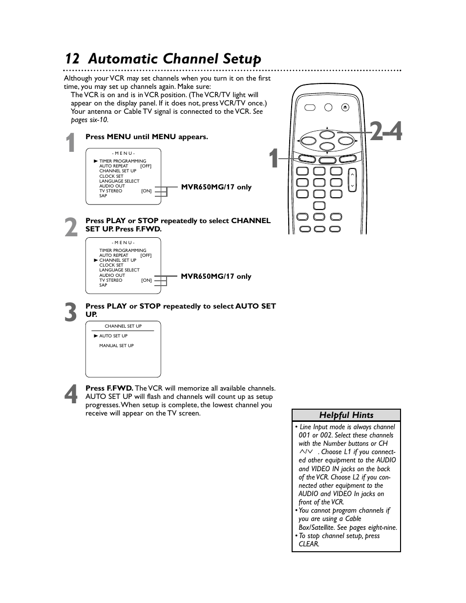 12 automatic channel setup, Helpful hints | Philips Magnavox MVR650MG/17 User Manual | Page 12 / 48