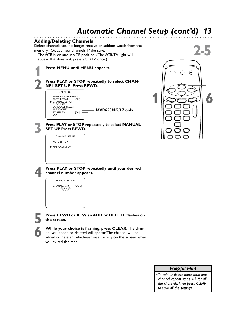 Automatic channel setup (cont’d) 13 | Philips Magnavox MVR650MG/17 User Manual | Page 13 / 48