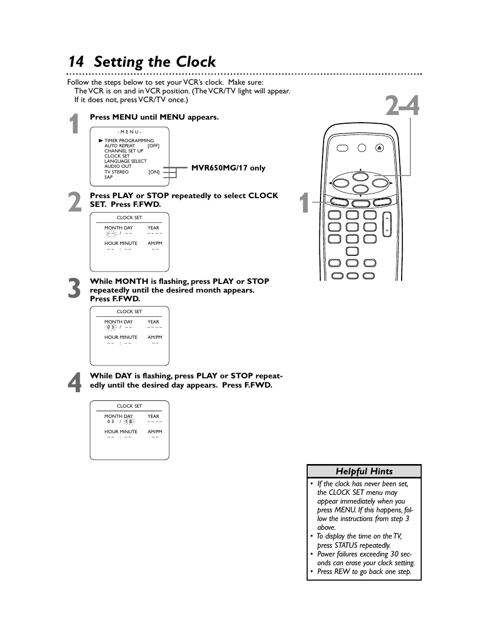 14 setting the clock, Helpful hints | Philips Magnavox MVR650MG/17 User Manual | Page 14 / 48