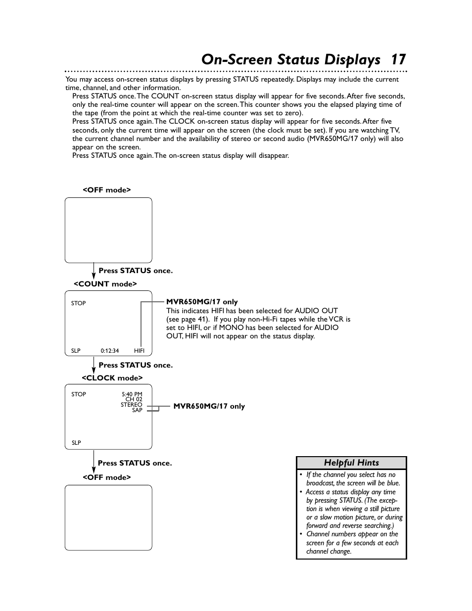 On-screen status displays 17, Helpful hints | Philips Magnavox MVR650MG/17 User Manual | Page 17 / 48