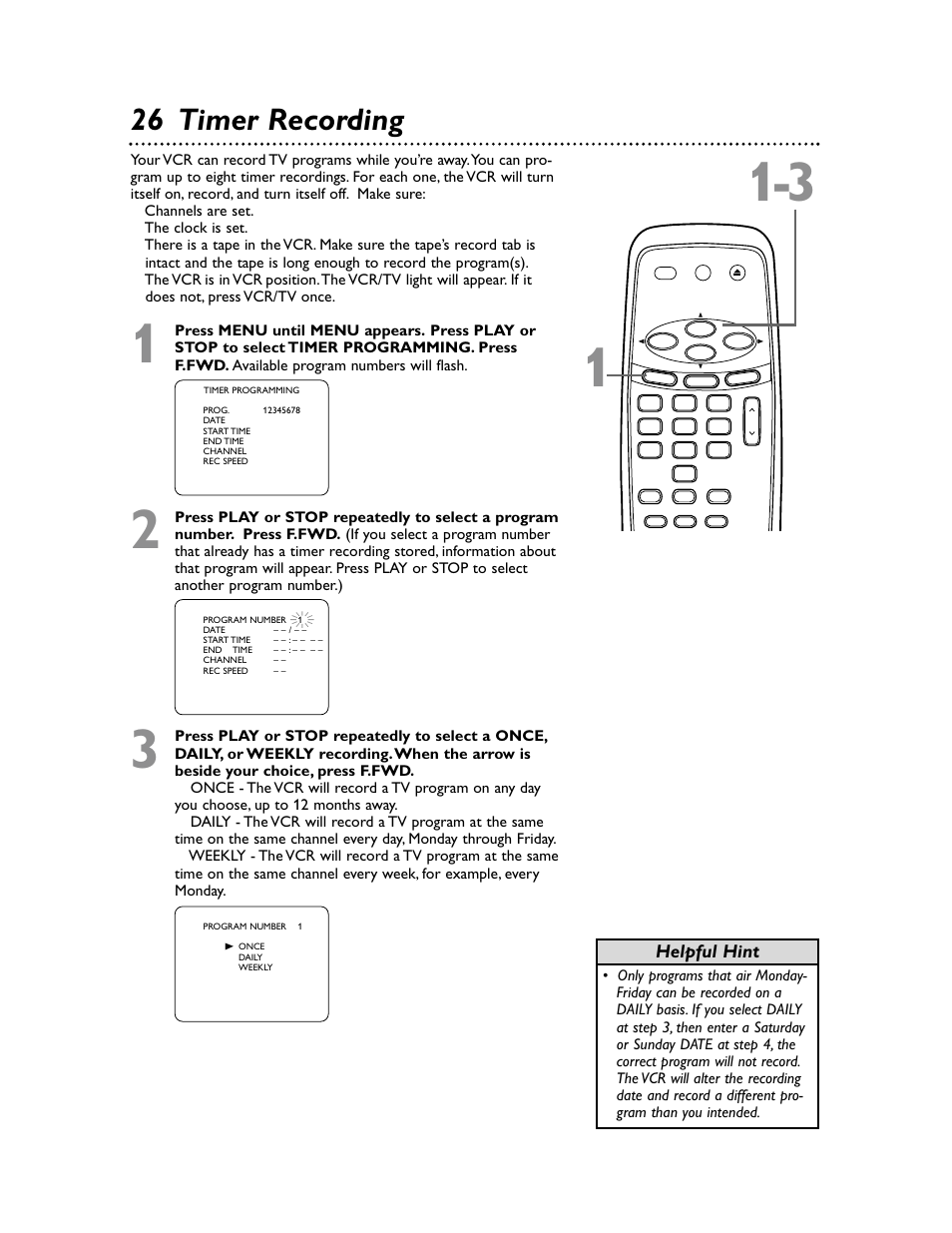 26 timer recording, Helpful hint | Philips Magnavox MVR650MG/17 User Manual | Page 26 / 48