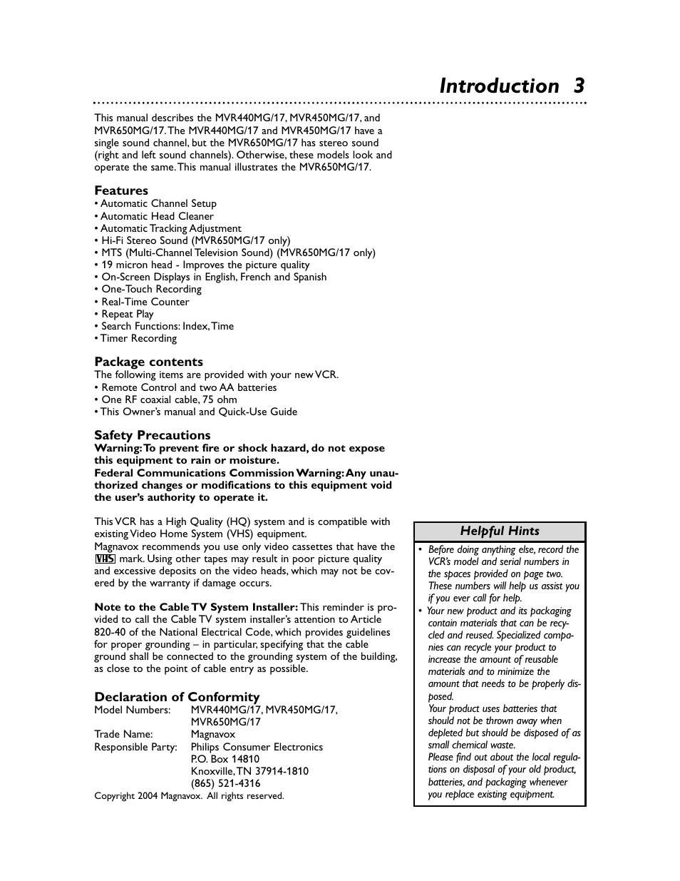 Introduction 3 | Philips Magnavox MVR650MG/17 User Manual | Page 3 / 48