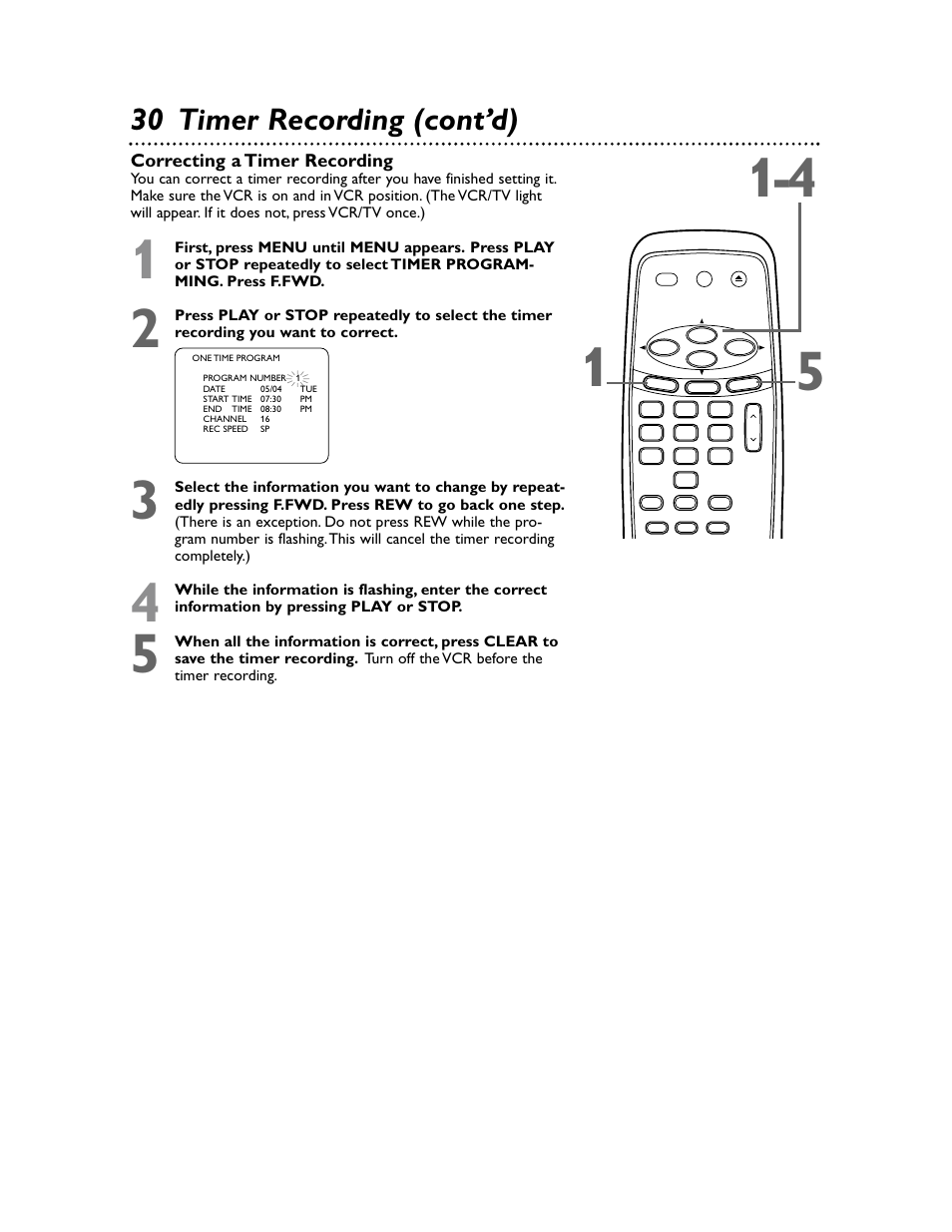 30 timer recording (cont’d) | Philips Magnavox MVR650MG/17 User Manual | Page 30 / 48