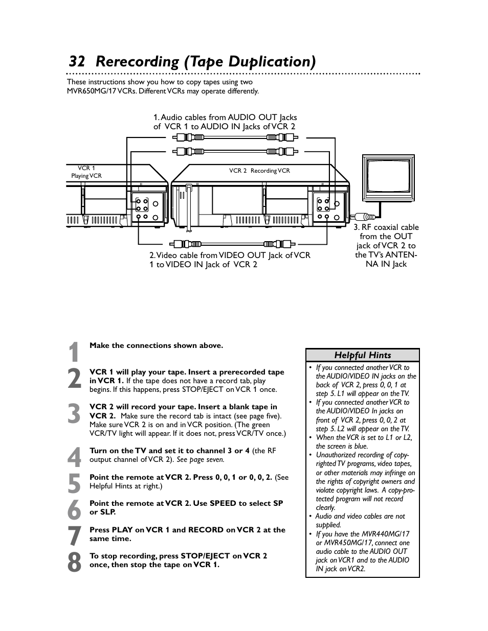 32 rerecording (tape duplication) | Philips Magnavox MVR650MG/17 User Manual | Page 32 / 48