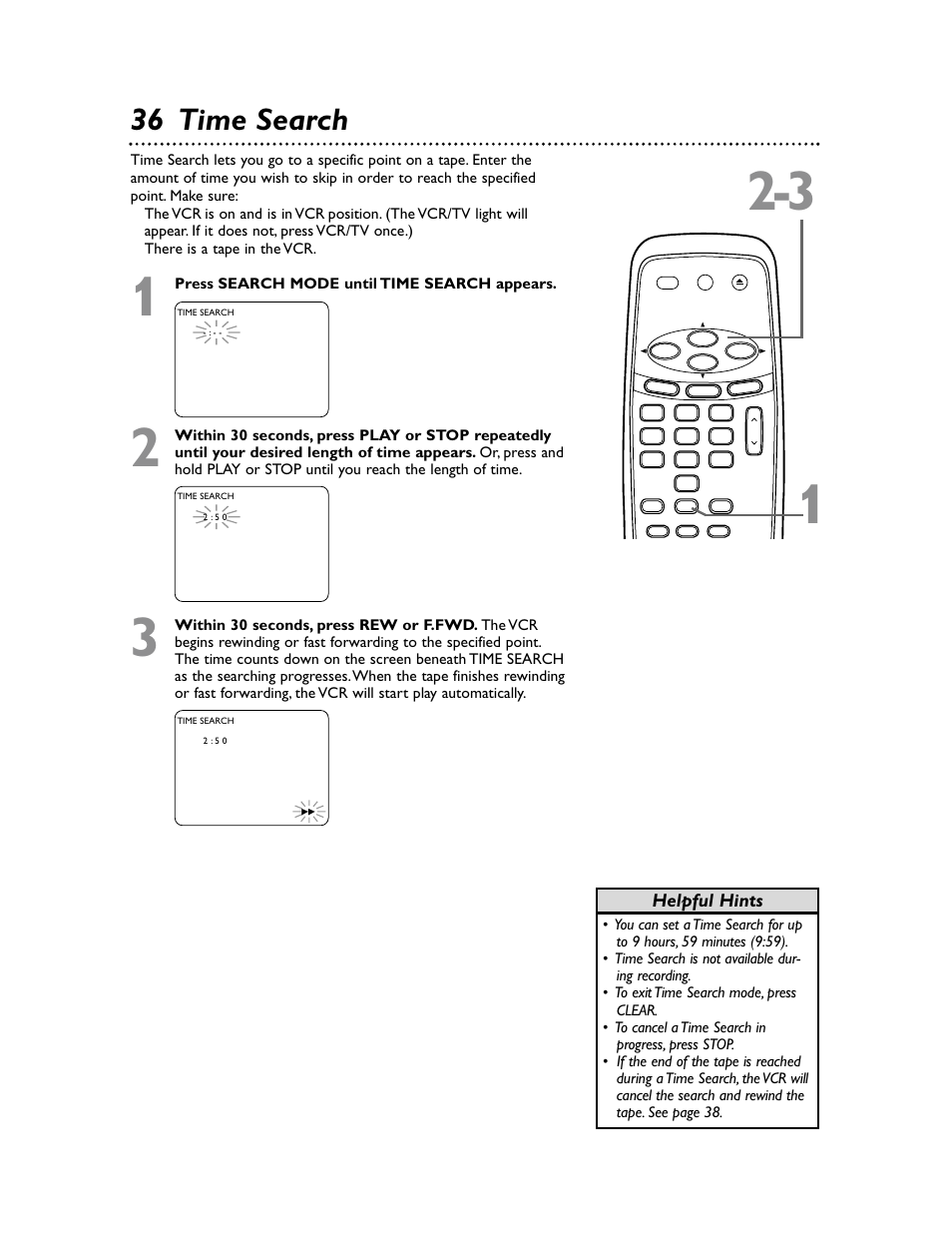 36 time search, Helpful hints | Philips Magnavox MVR650MG/17 User Manual | Page 36 / 48