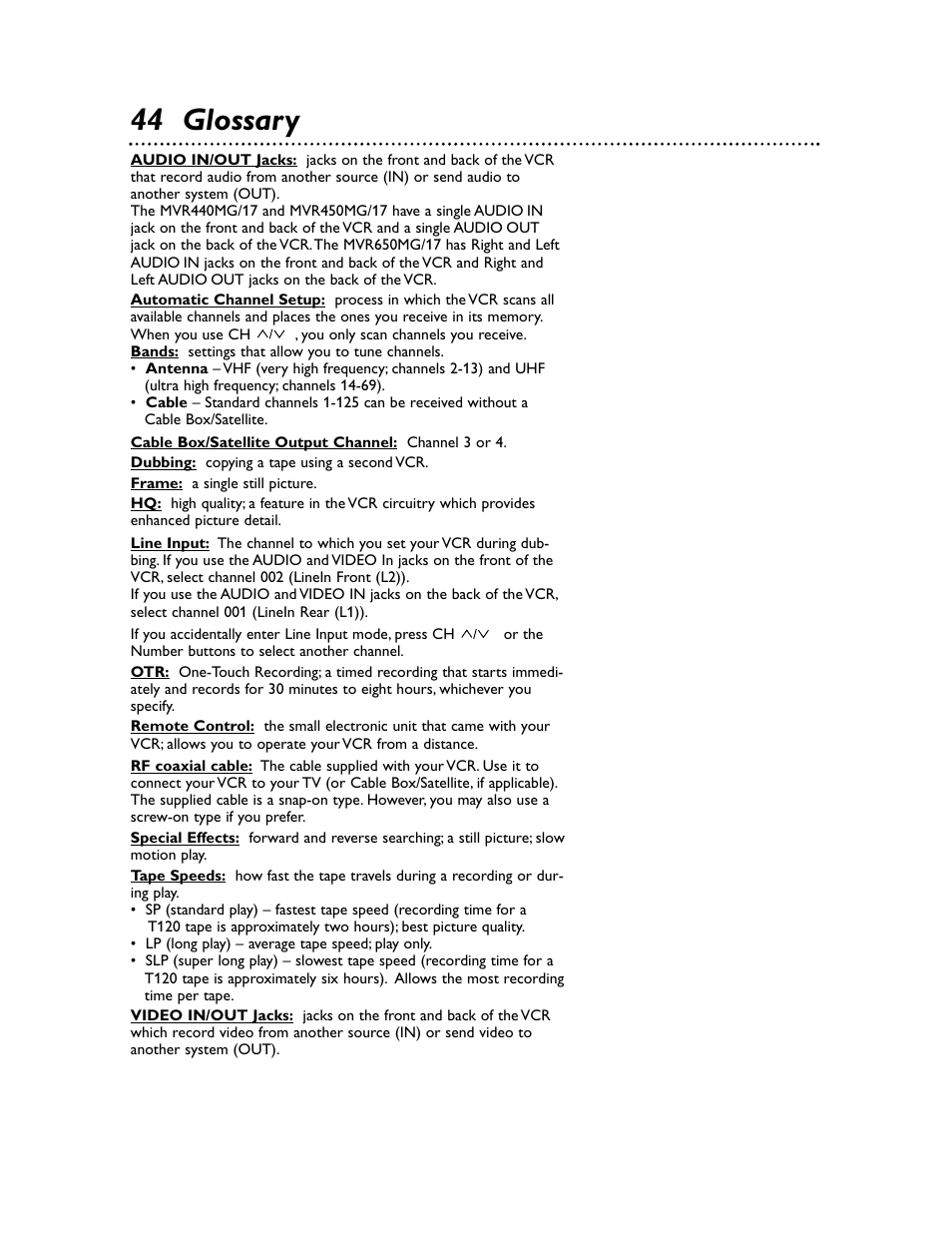 44 glossary | Philips Magnavox MVR650MG/17 User Manual | Page 44 / 48