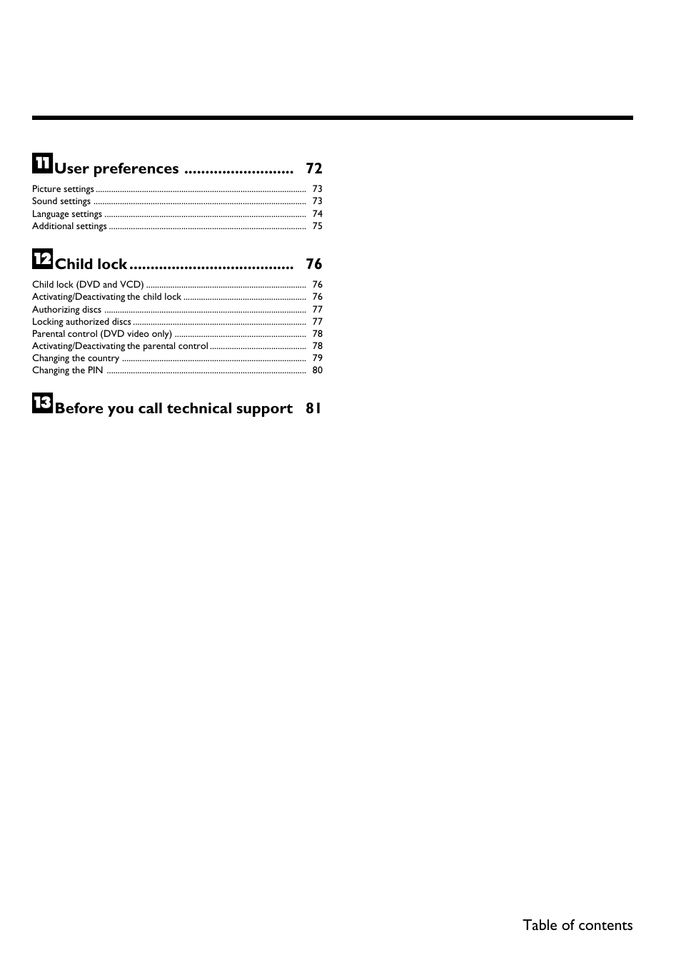 User preferences 72, Child lock 76 | Philips Magnavox MDV630R User Manual | Page 14 / 88