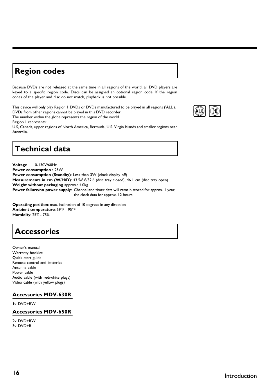 Region codes, Technical data, Accessories | Philips Magnavox MDV630R User Manual | Page 18 / 88