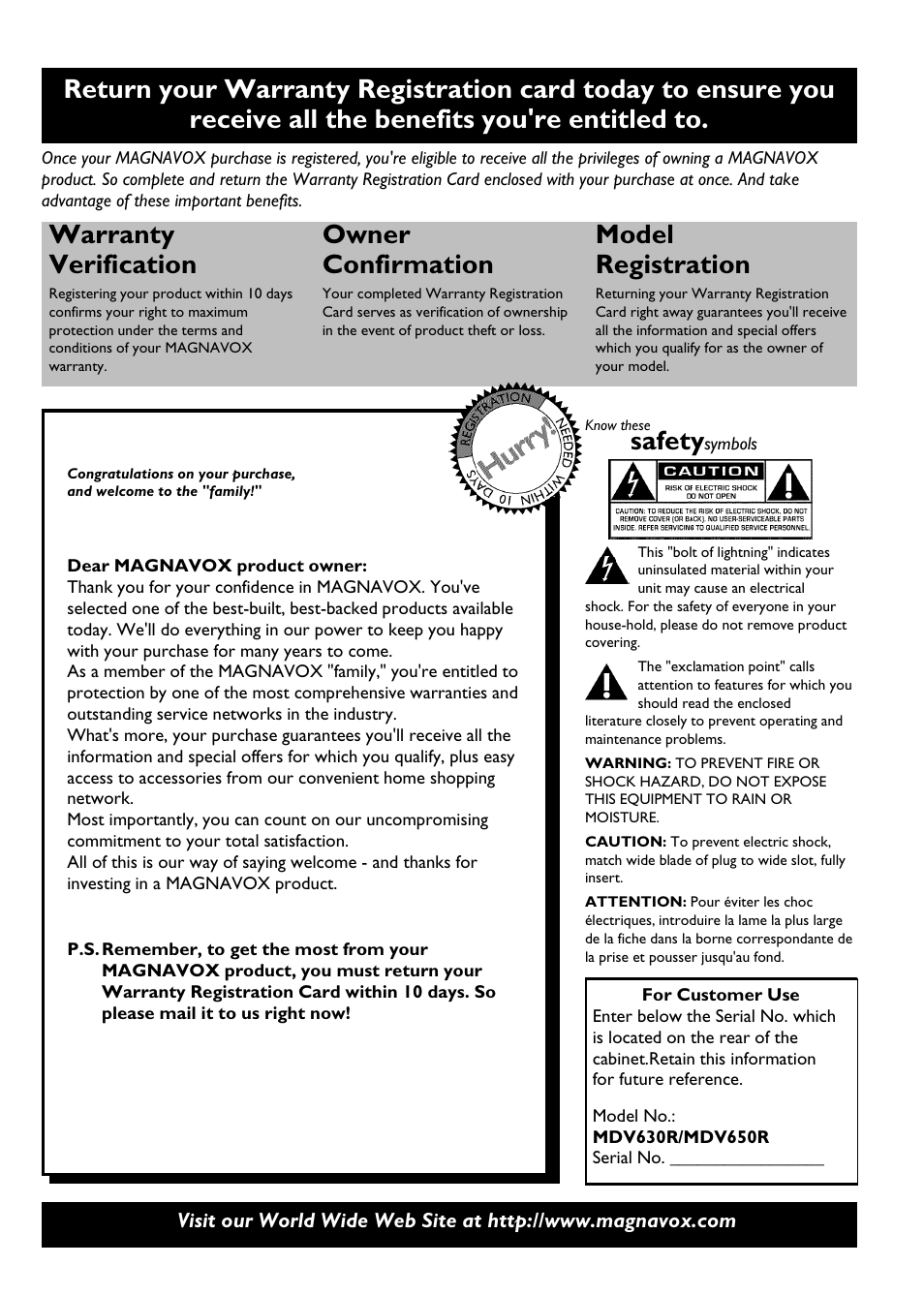Warranty verification, Owner confirmation, Model registration | Safety | Philips Magnavox MDV630R User Manual | Page 2 / 88