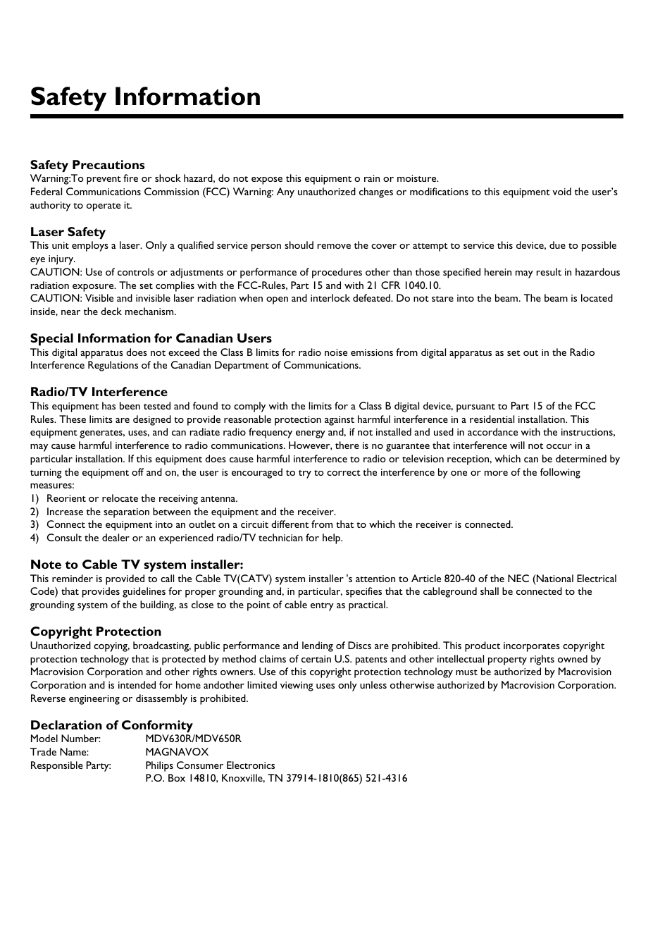 Safety information | Philips Magnavox MDV630R User Manual | Page 3 / 88