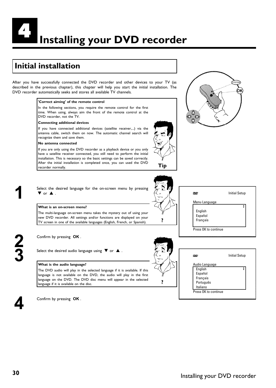 Installing your dvd recorder, Initial installation | Philips Magnavox MDV630R User Manual | Page 32 / 88