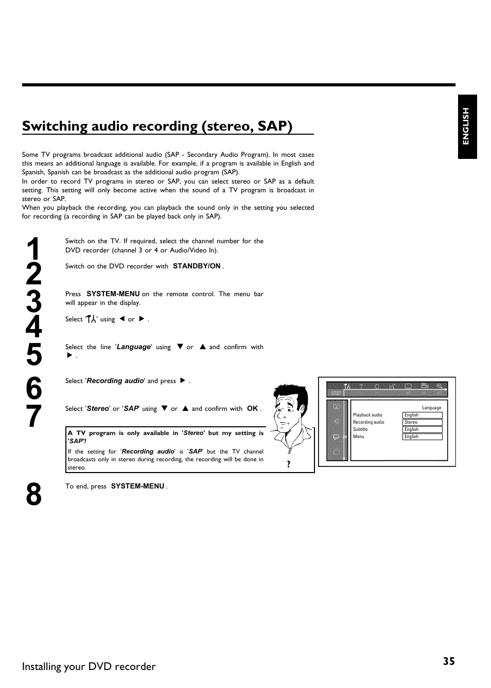 Switching audio recording (stereo, sap) | Philips Magnavox MDV630R User Manual | Page 37 / 88