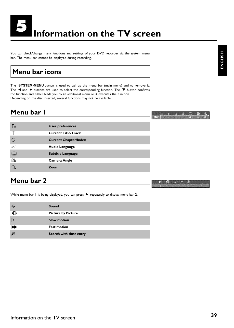 Information on the tv screen, Menu bar icons, Menu bar 1 | Menu bar 2 | Philips Magnavox MDV630R User Manual | Page 41 / 88