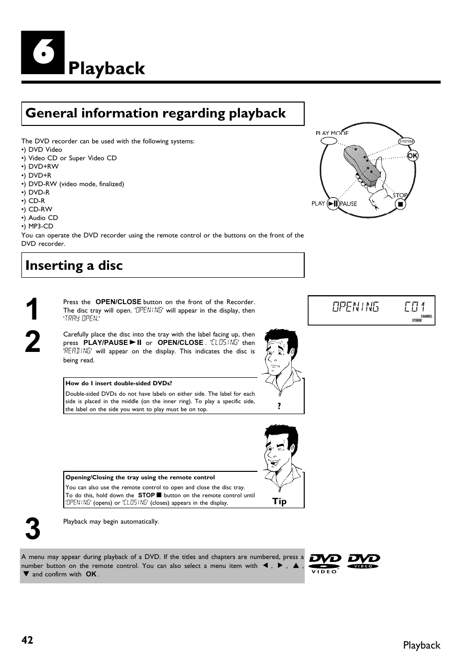 Playback, General information regarding playback, Inserting a disc | Philips Magnavox MDV630R User Manual | Page 44 / 88