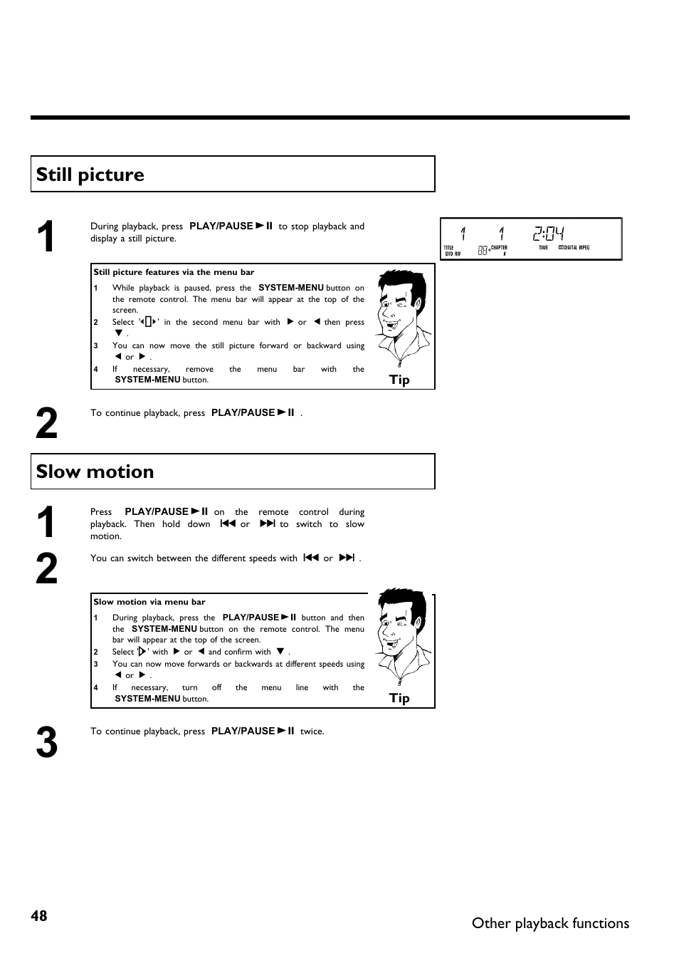 Still picture, Slow motion, Other playback functions | Philips Magnavox MDV630R User Manual | Page 50 / 88