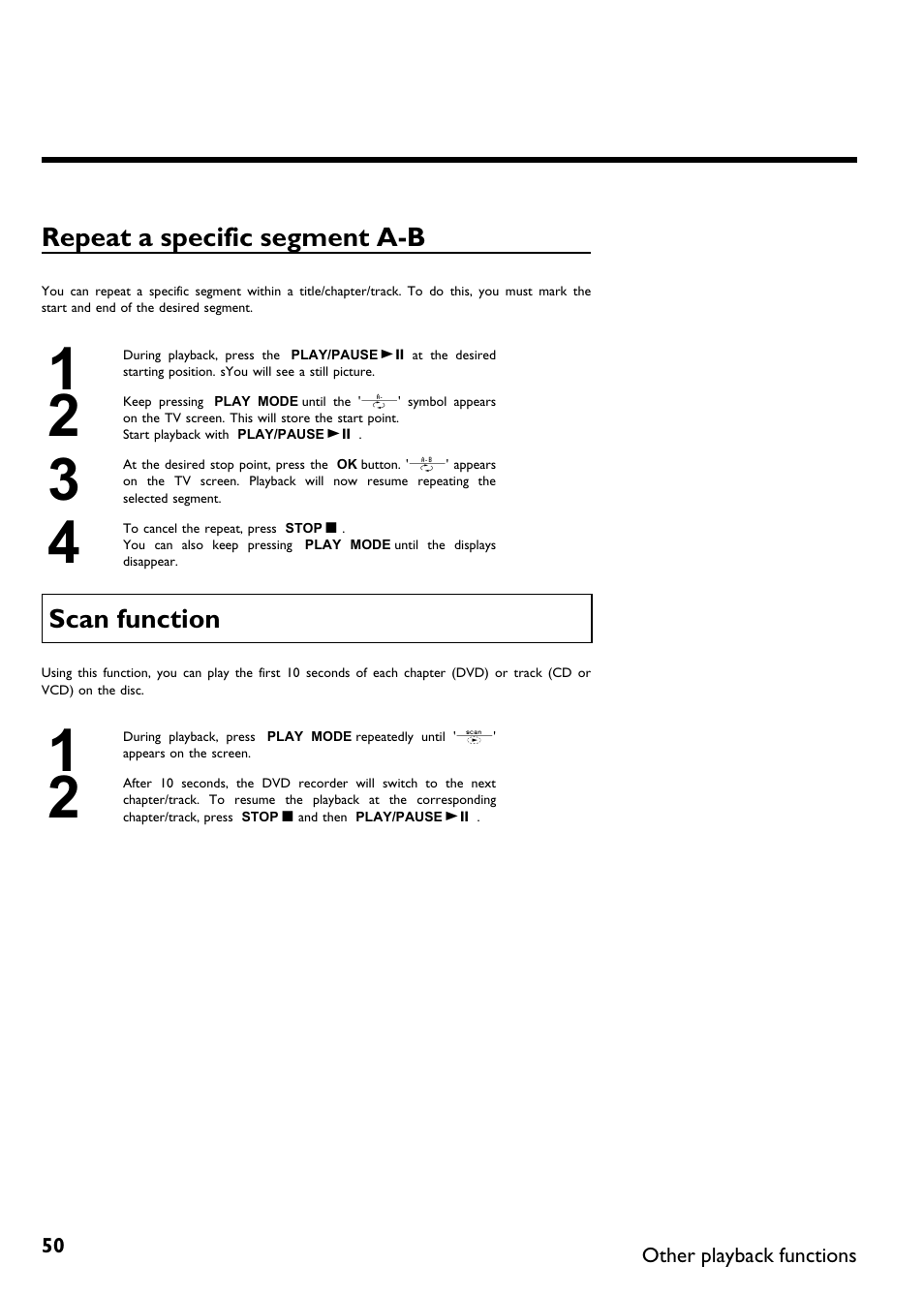 Repeat a specific segment a b, Scan function | Philips Magnavox MDV630R User Manual | Page 52 / 88