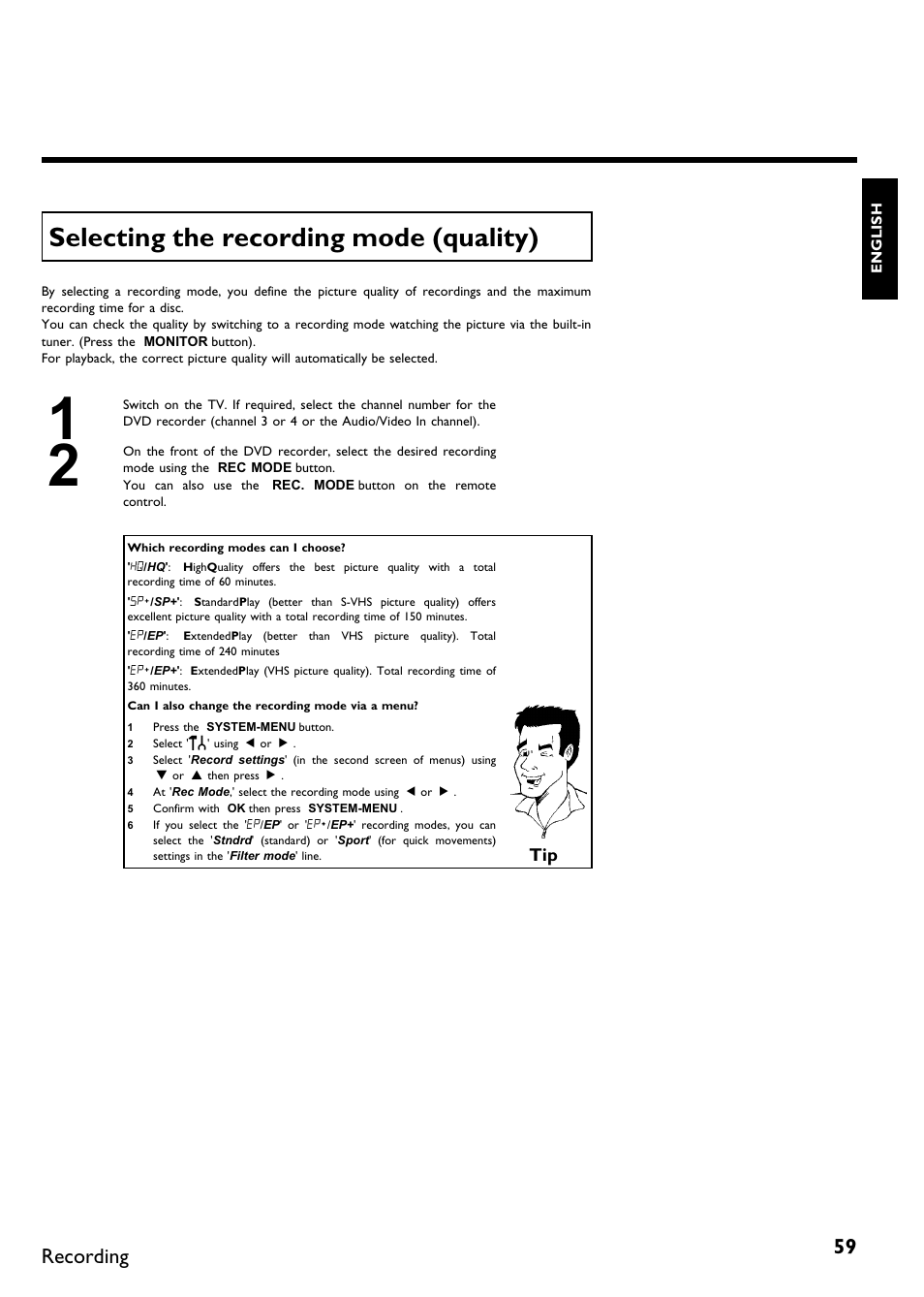Selecting the recording mode (quality), Recording | Philips Magnavox MDV630R User Manual | Page 61 / 88