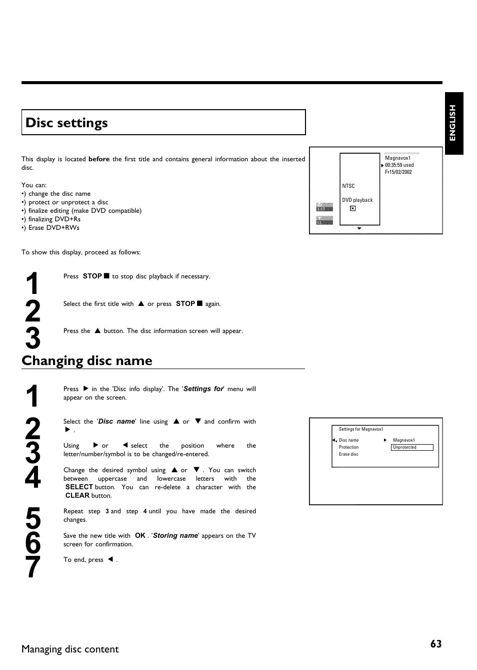 Disc settings, Changing disc name | Philips Magnavox MDV630R User Manual | Page 65 / 88
