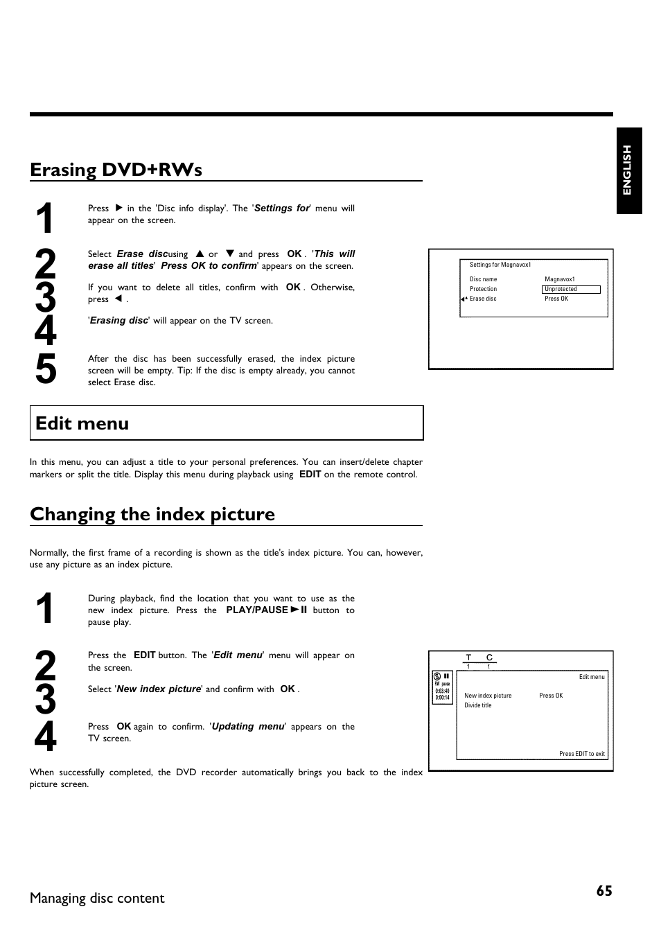 Erasing dvd+rws, Edit menu, Changing the index picture | Philips Magnavox MDV630R User Manual | Page 67 / 88