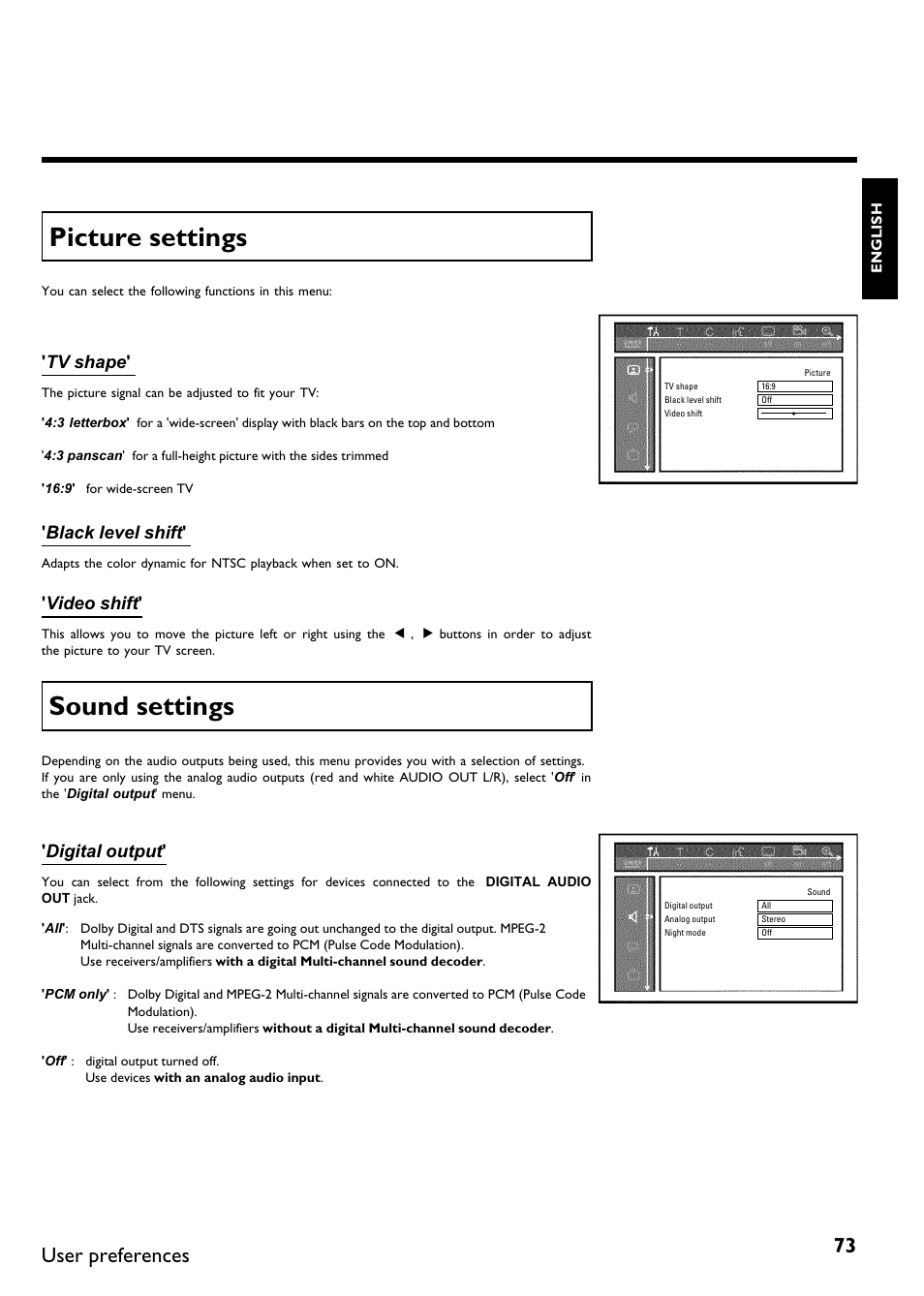Picture settings, Sound settings, User preferences | Tv shape, Black level shift, Video shift, Digital output | Philips Magnavox MDV630R User Manual | Page 75 / 88
