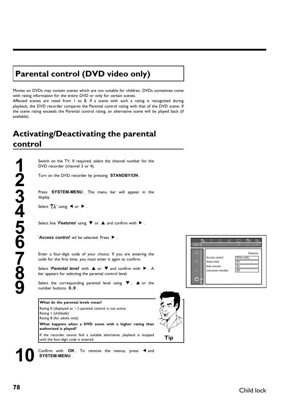 Parental control (dvd video only), Activating/deactivating the parental control | Philips Magnavox MDV630R User Manual | Page 80 / 88