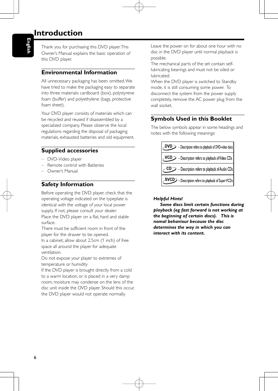 Introduction, Environmental information, Supplied accessories | Safety information, Symbols used in this booklet | Philips Magnavox 423 User Manual | Page 6 / 29