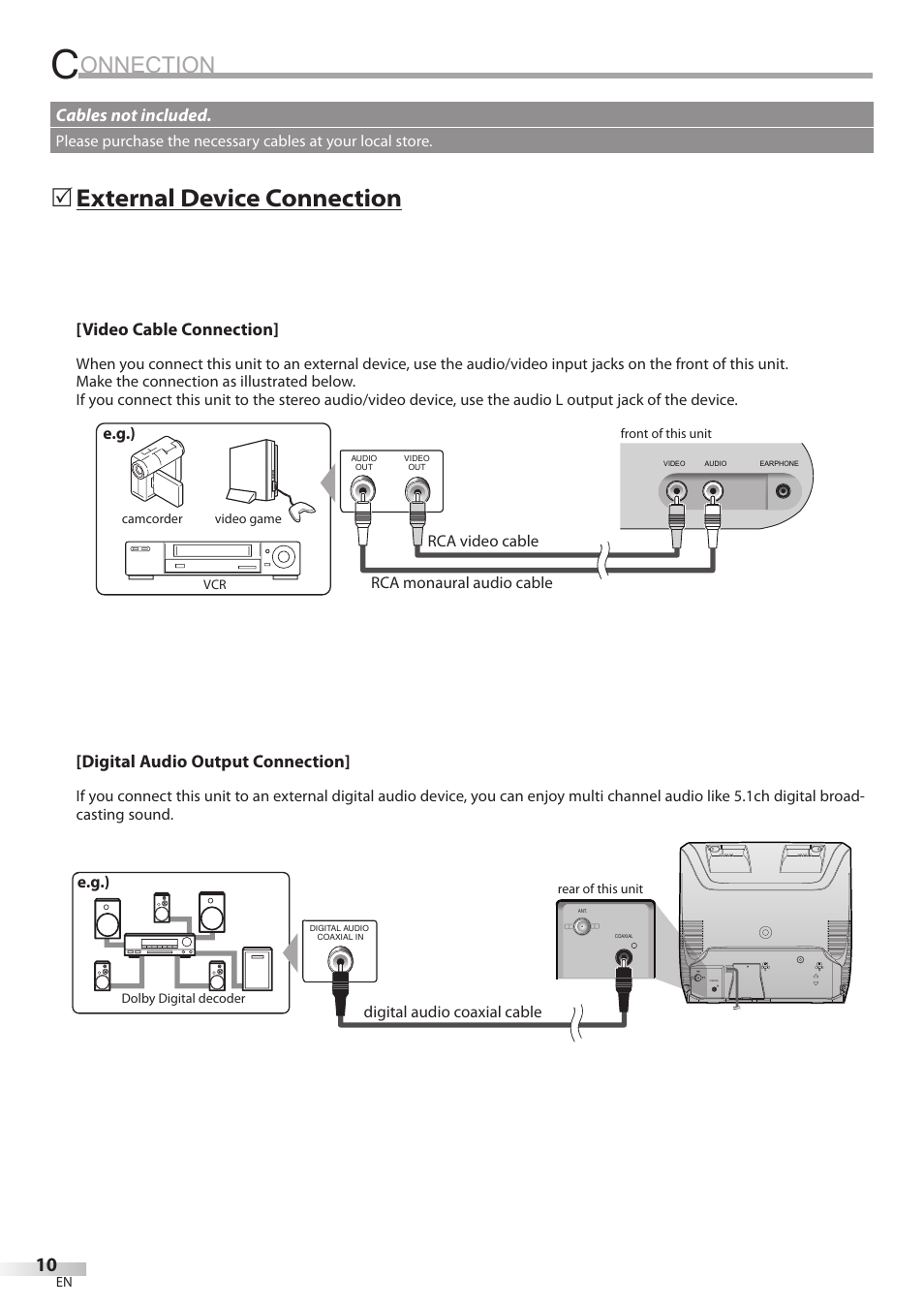 Onnection, External device connection | Philips Magnavox CD130MW8 User Manual | Page 10 / 90