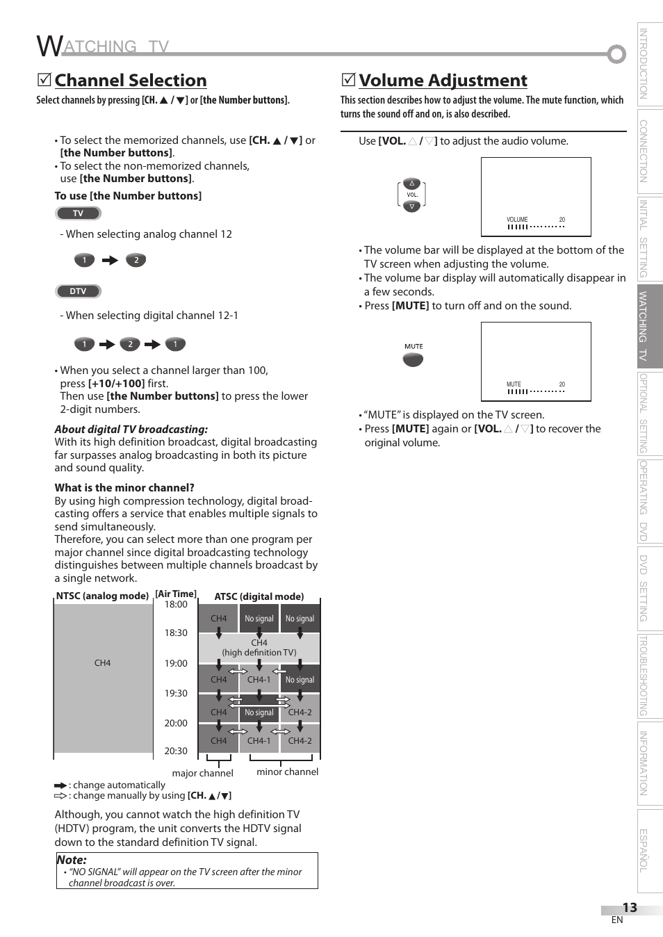 Atching tv, Channel selection, 5volume adjustment | Philips Magnavox CD130MW8 User Manual | Page 13 / 90