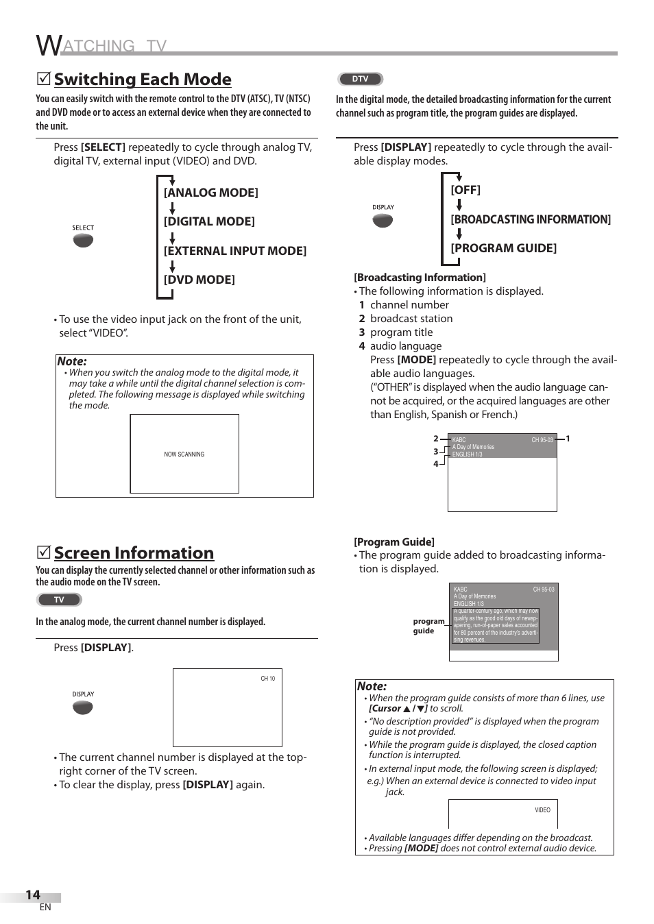 Atching tv, Switching each mode, Screen information | Philips Magnavox CD130MW8 User Manual | Page 14 / 90