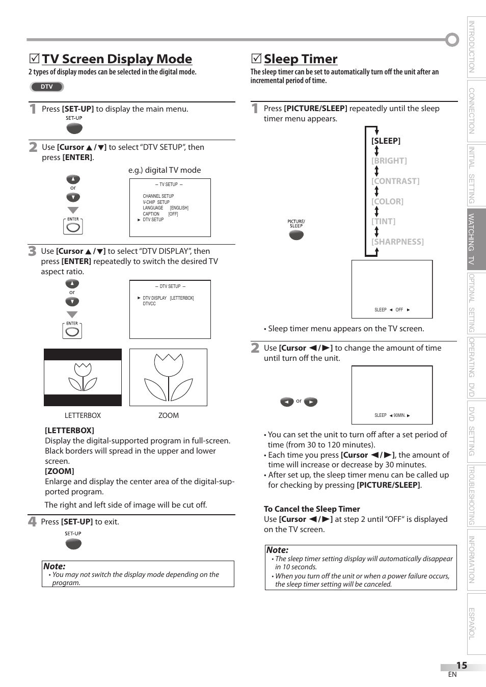 Tv screen display mode, 5sleep timer | Philips Magnavox CD130MW8 User Manual | Page 15 / 90