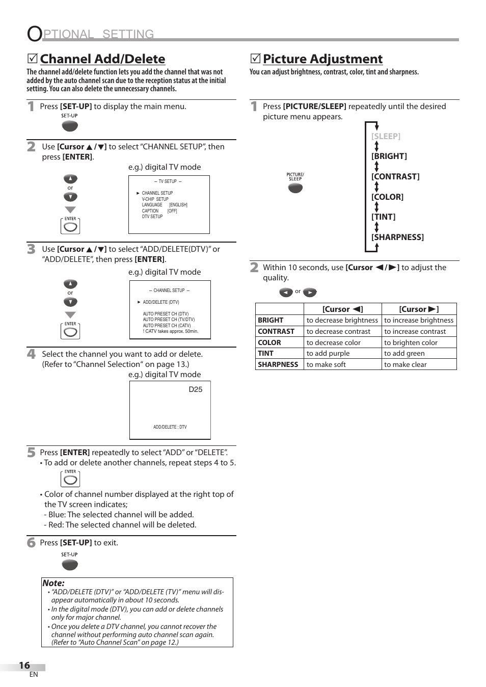 Ptional setting, Channel add/delete, 5picture adjustment | Philips Magnavox CD130MW8 User Manual | Page 16 / 90