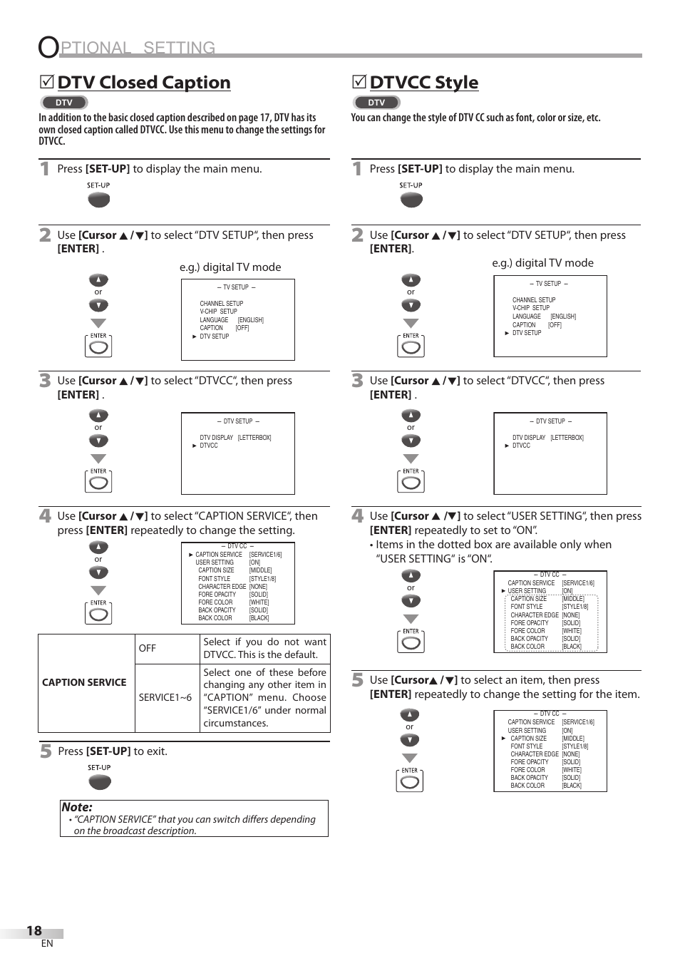 Ptional setting, Dtv closed caption, 5dtvcc style | Philips Magnavox CD130MW8 User Manual | Page 18 / 90